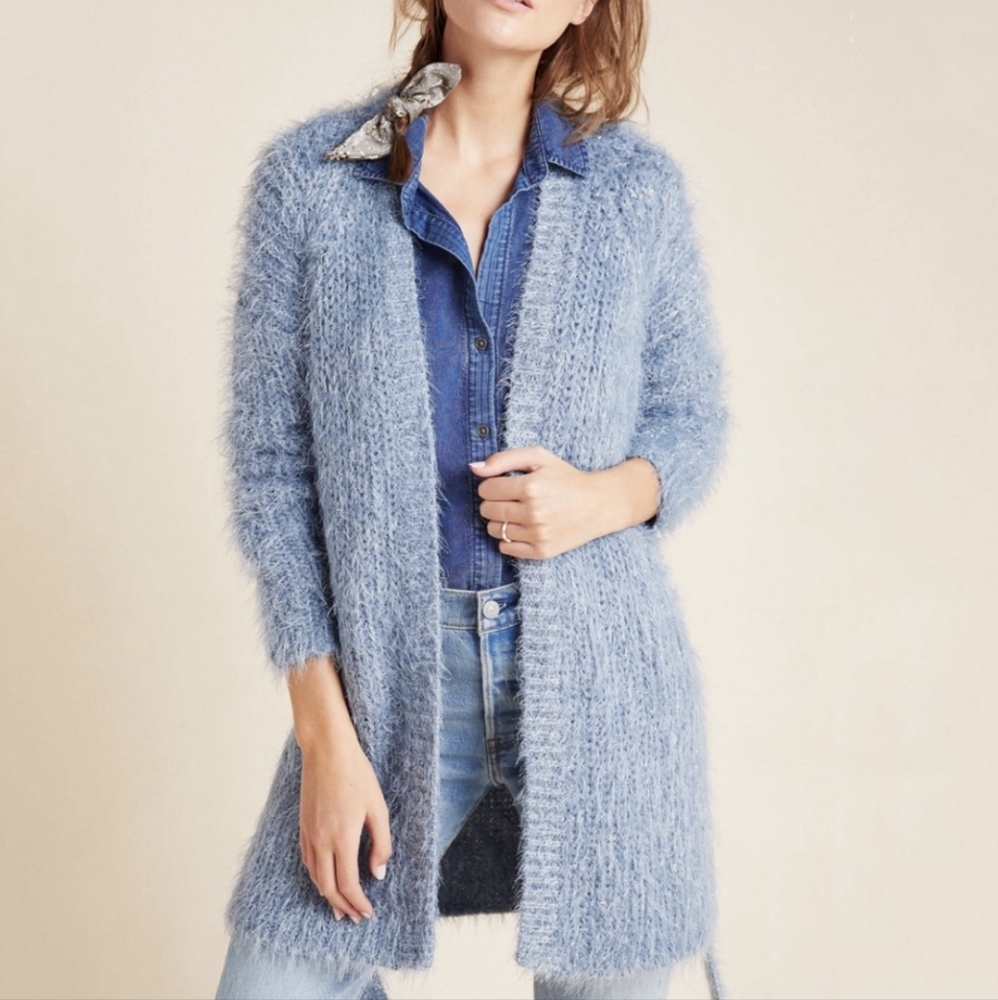 Anthropologie Cardigan Furry Oversized Ice Blue Metallic